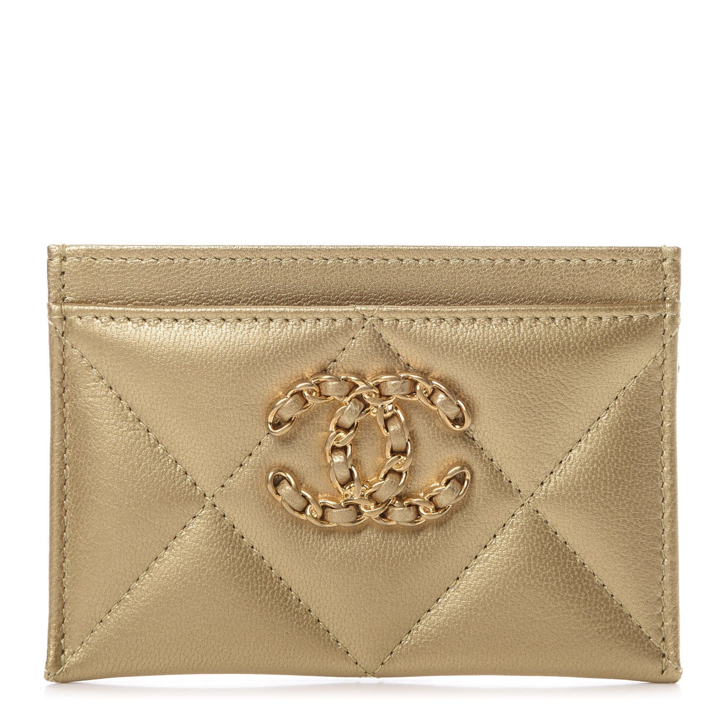 Metallic Goatskin Quilted Chanel 19 Card Holder Gold
