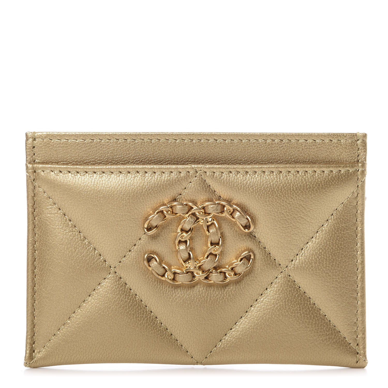 Chanel Metallic Goatskin Quilted Chanel 19 Card Holder Gold 1 of 9