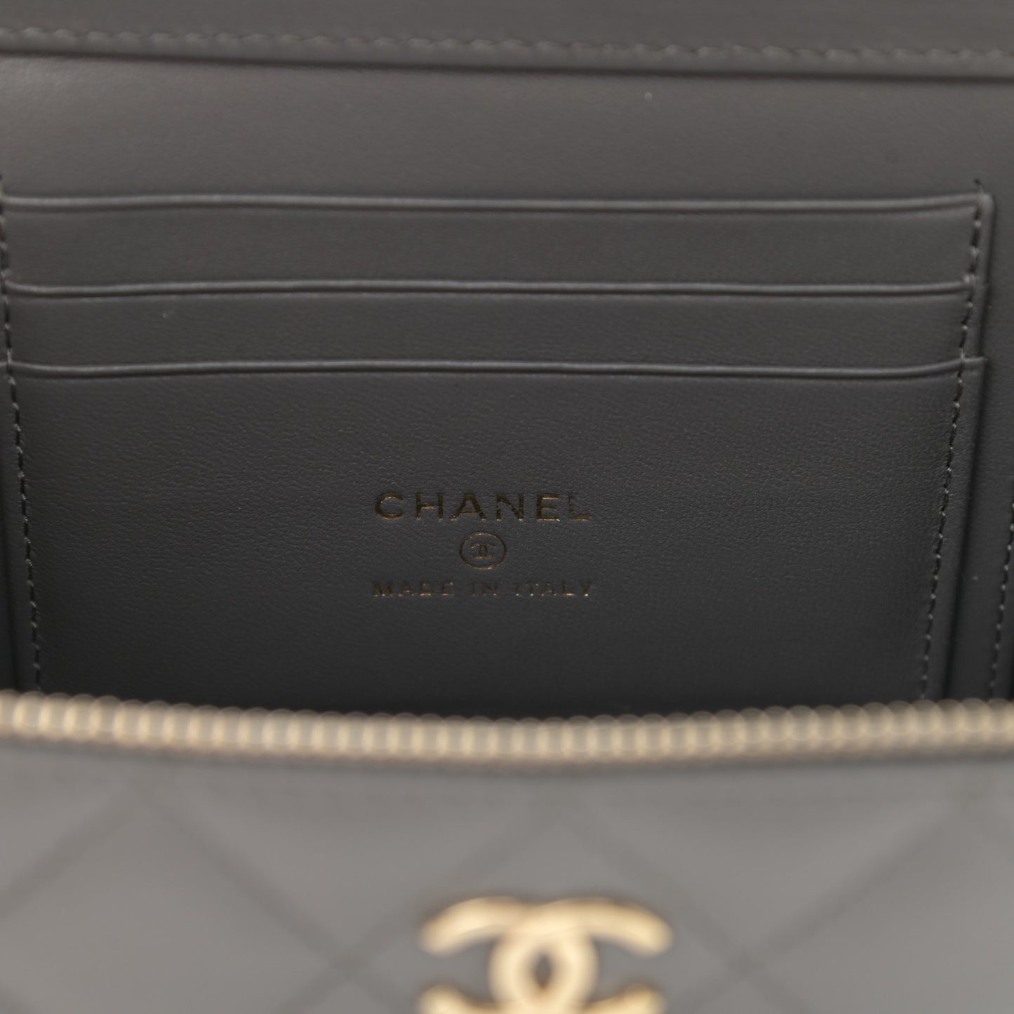 Lambskin Quilted Small Top Handle Vanity Case With Chain Dark Grey