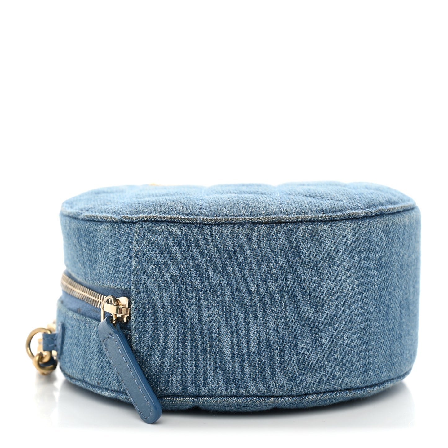 Denim Quilted Round Pearl Crush Clutch With Chain Blue