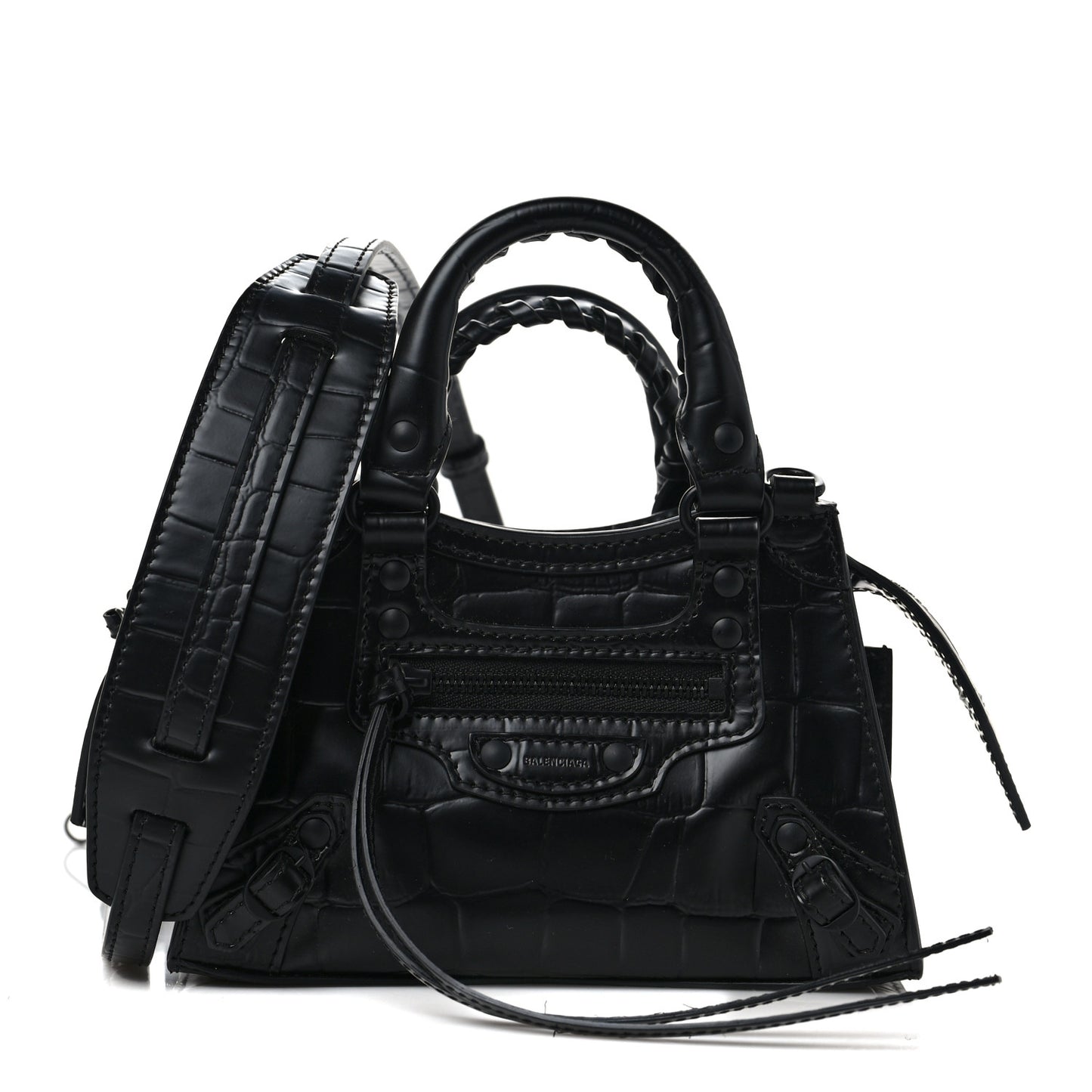 Semi Shiny Calfskin Crocodile Embossed Neo Classic Black Hardware Nano City Crossbody Black
