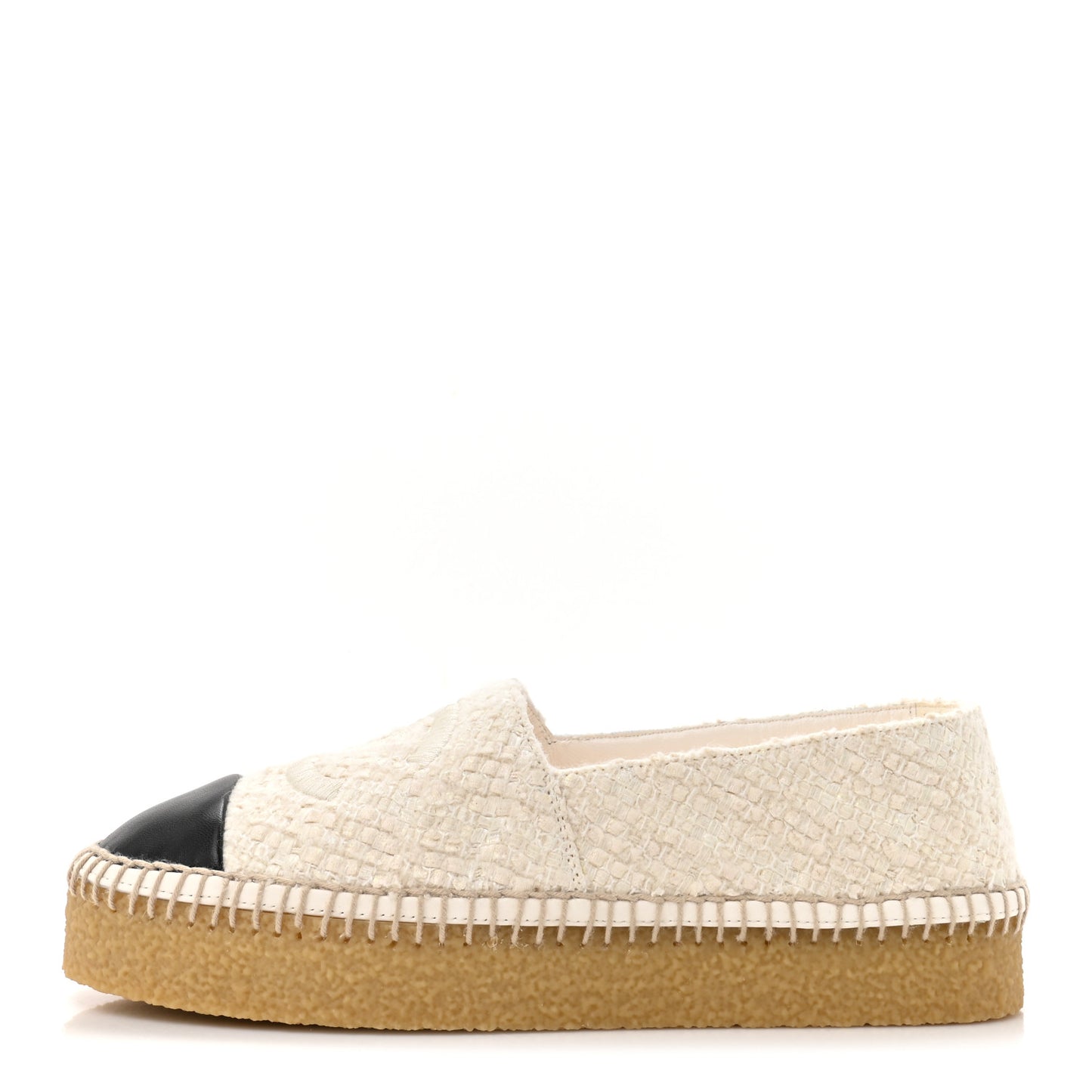 Cotton Wool Tweed Lambskin CC Platform Espadrilles 37 White Black