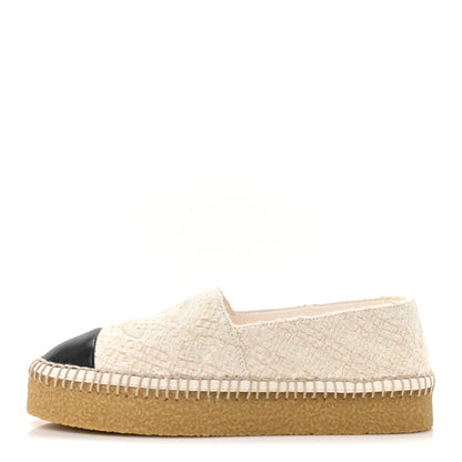 Chanel Cotton Wool Tweed Lambskin CC Platform Espadrilles 37 White Black 1 of 10
