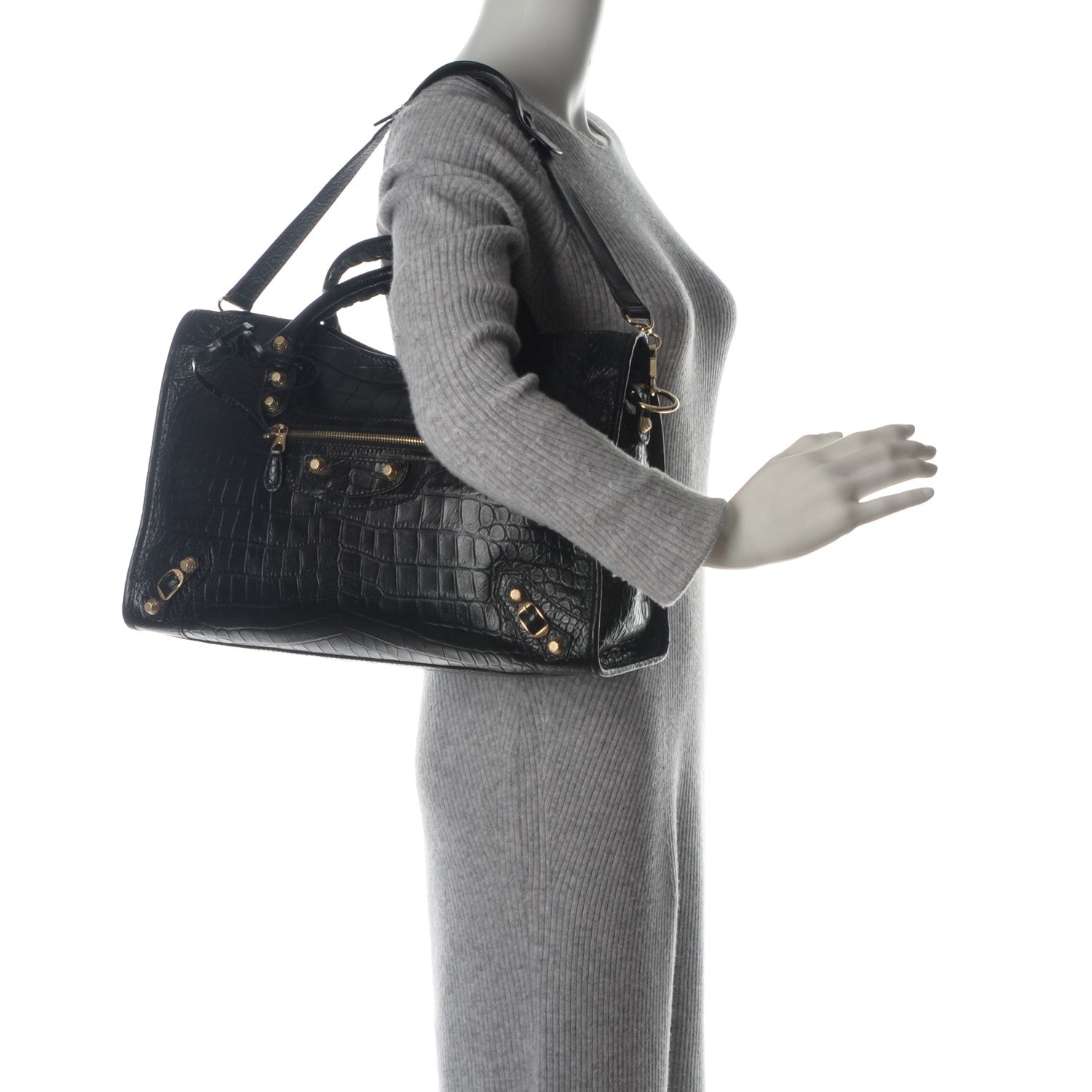 Balenciaga Calfskin Crocodile Embossed Giant 12 Gold Hardware City Black 2 of 7