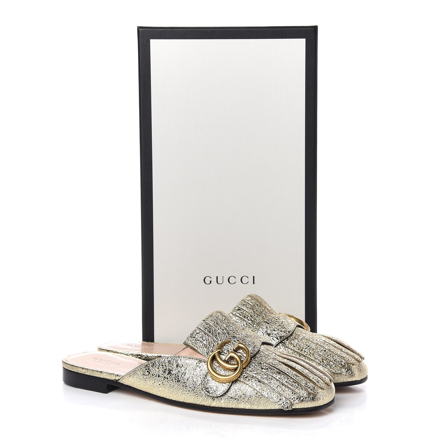 Galassia Womens GG Marmont Fringe Slippers 38.5 Platino