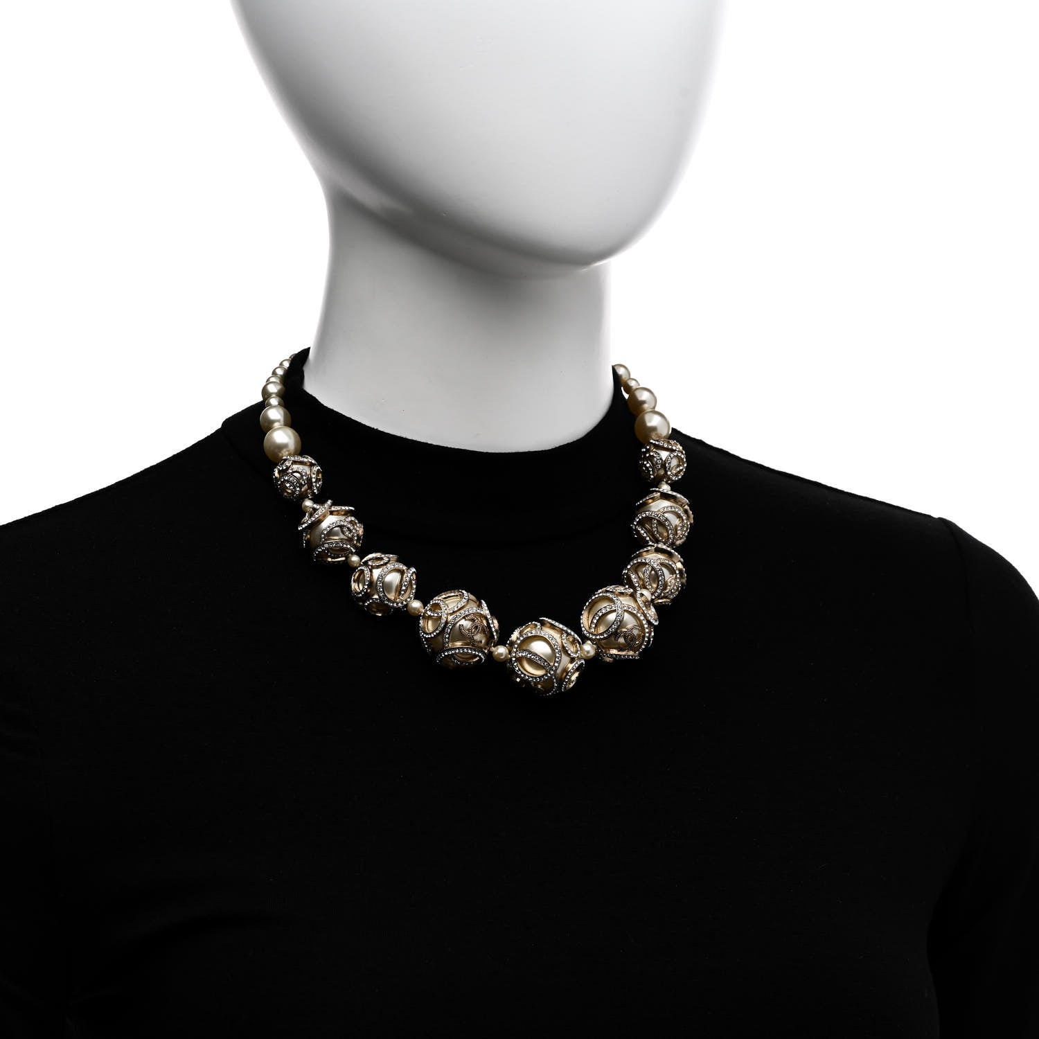 Chanel Pearl Crystal CC Short Necklace Gold Pearly White 2 of 5