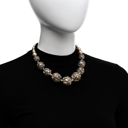 Chanel Pearl Crystal CC Short Necklace Gold Pearly White 2 of 5