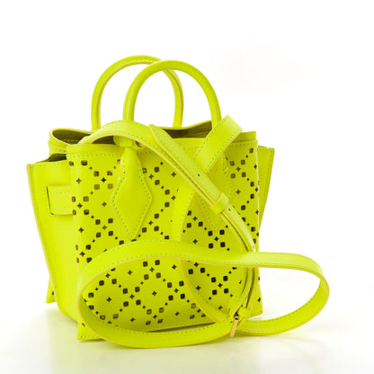 MCM Perforated Calfskin Studded Mini Milla Tote Neon Yellow 3 of 8