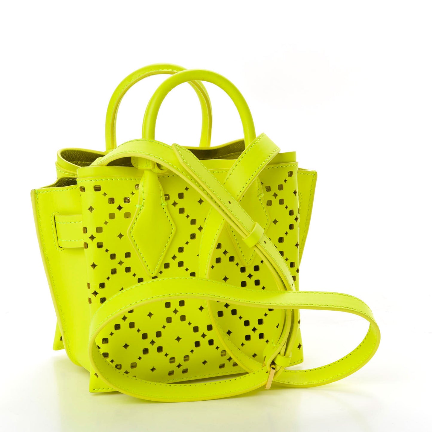 Perforated Calfskin Studded Mini Milla Tote Neon Yellow