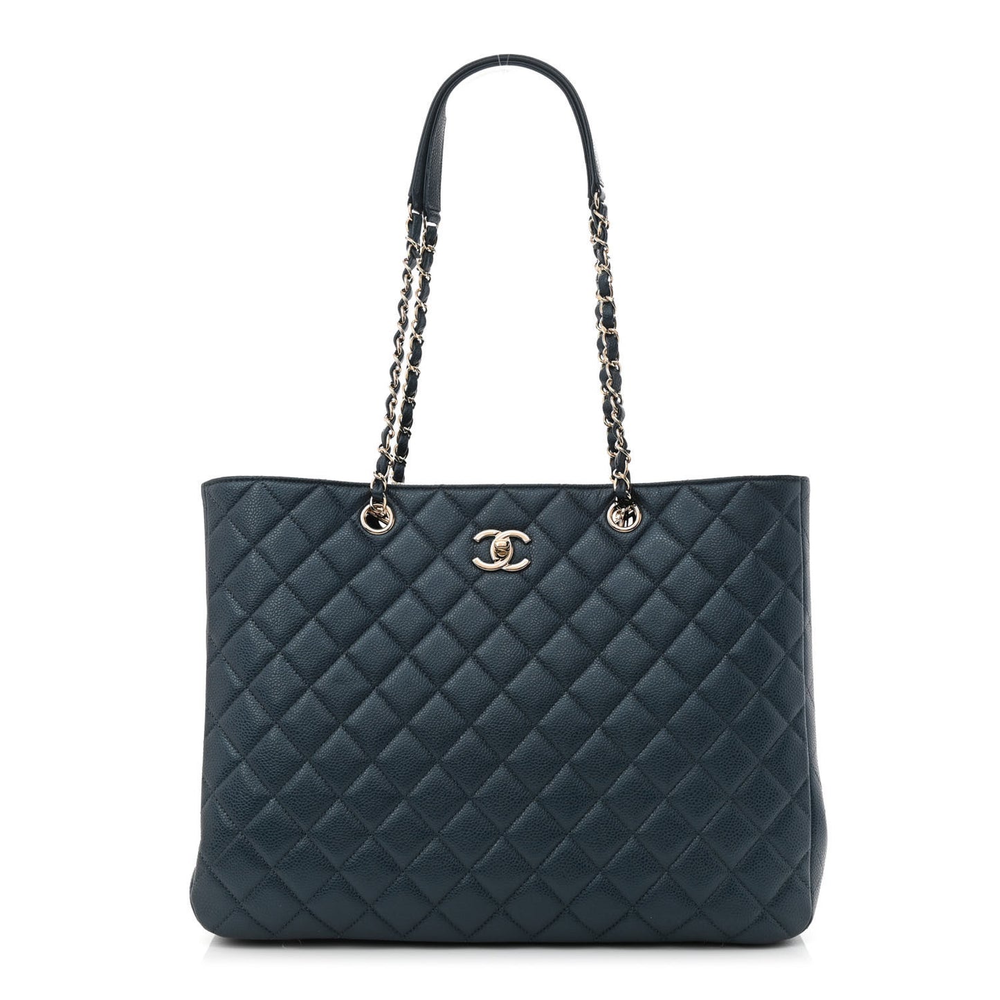 Metallic Caviar Quilted Large Classic Shopping Tote Dark Blue
