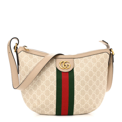 Gucci GG Supreme Monogram Textured Dollar Calfskin Web Small Ophidia Half Moon Hobo Beige Mystic White Oatmeal 1 of 10