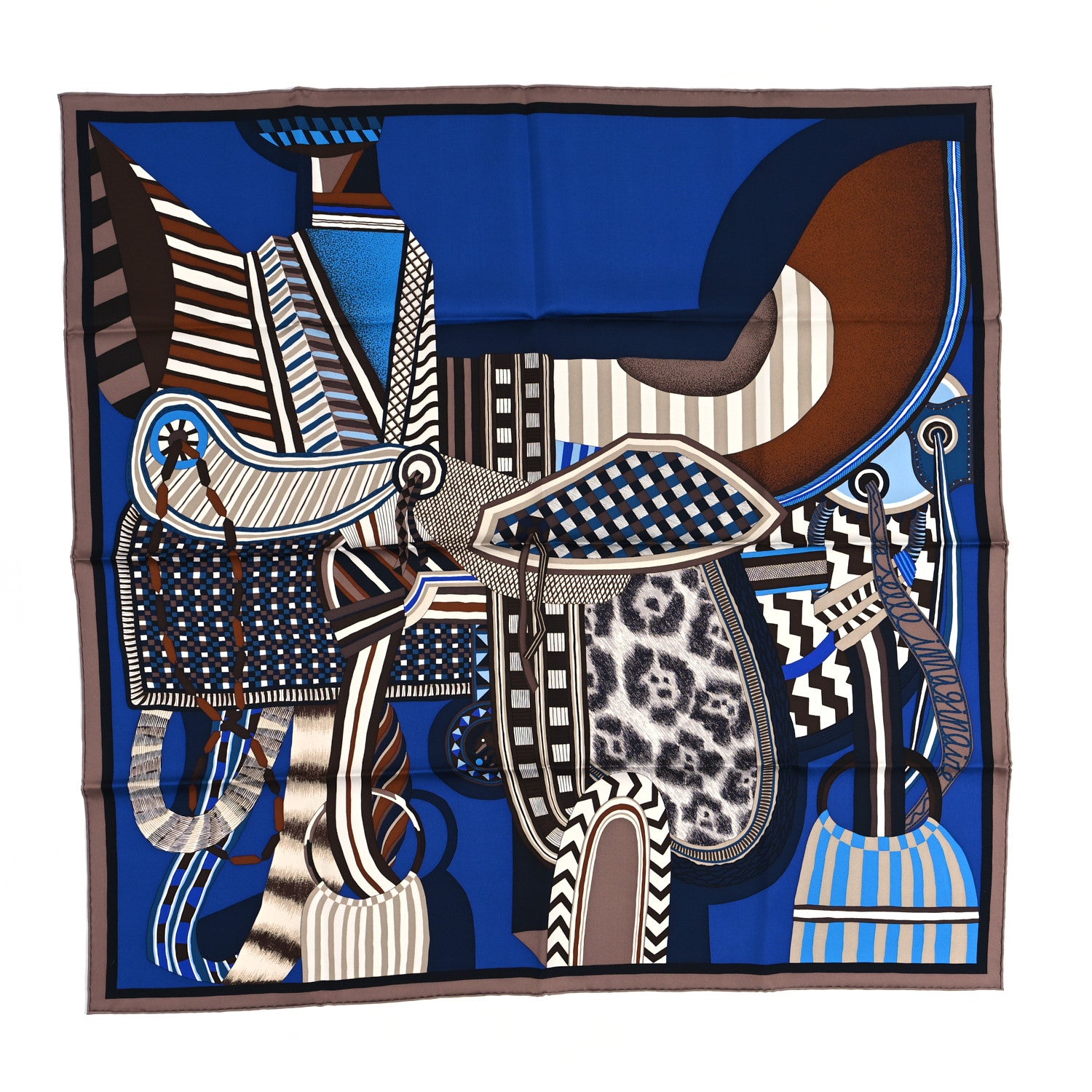 Hermes Silk La Selle Imaginaire Scarf 90 Marron Glace Bleu Vif Brun 1 of 5