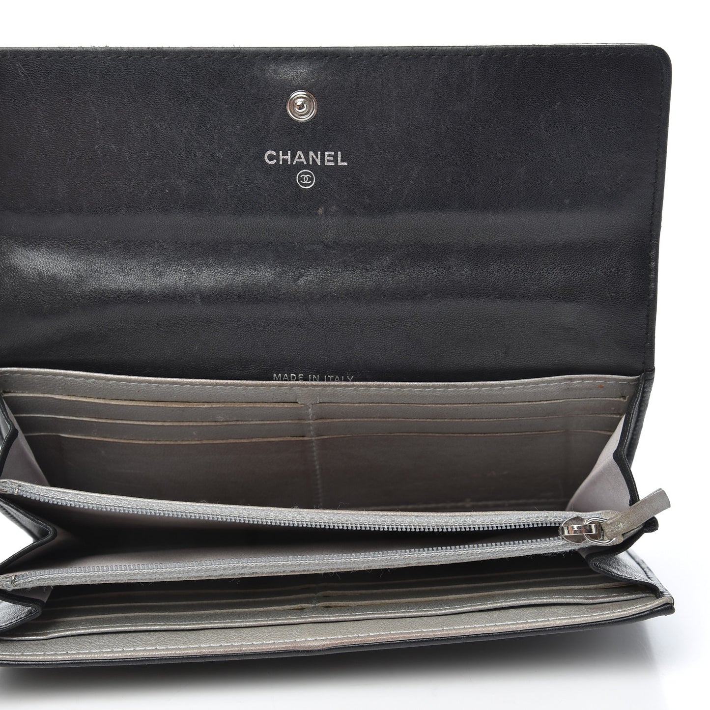 Lambskin Camellia Embossed Large Gusset Flap Wallet Black