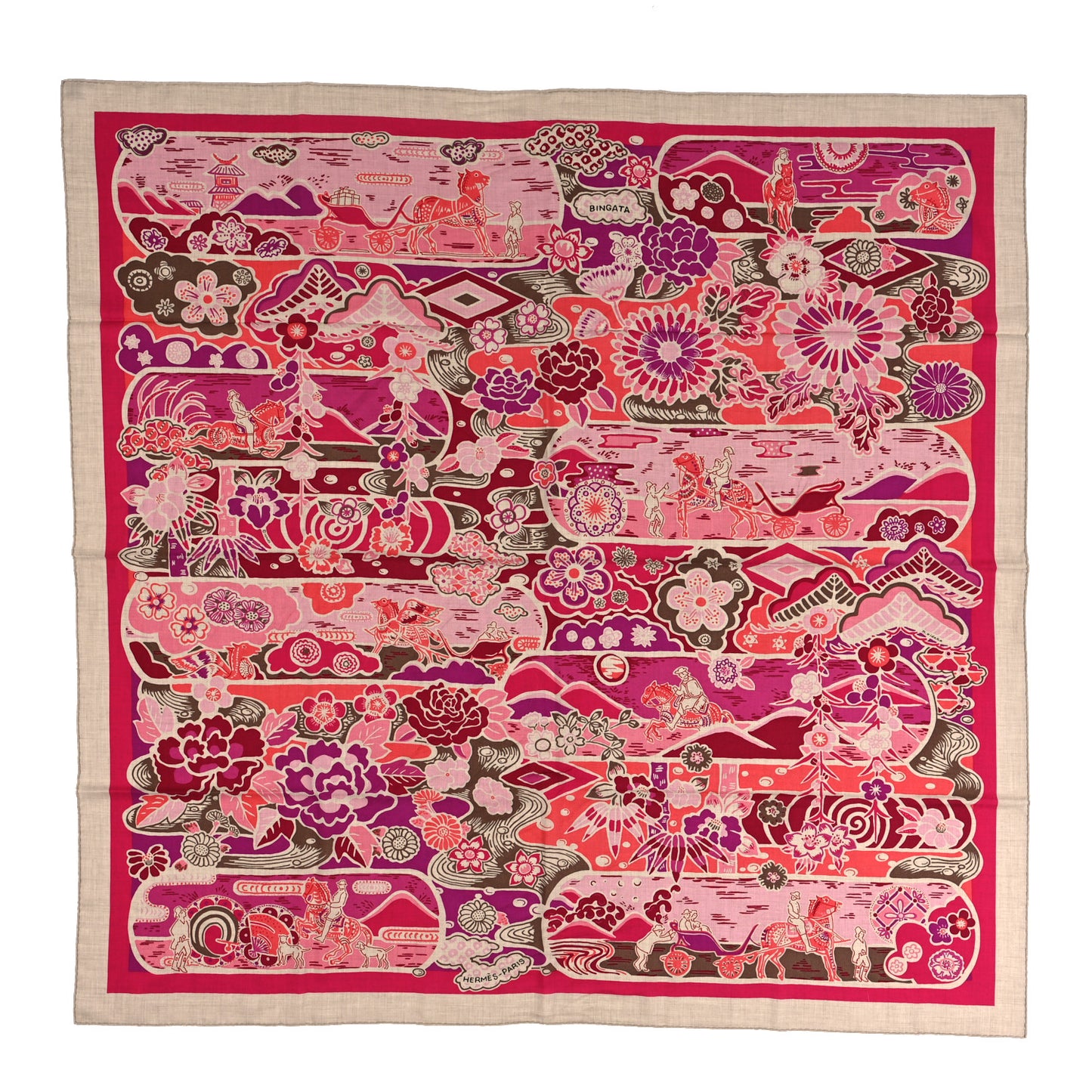 Cashmere Silk Bingata Shawl 140 Naturel Fuchsia Rose Poudre