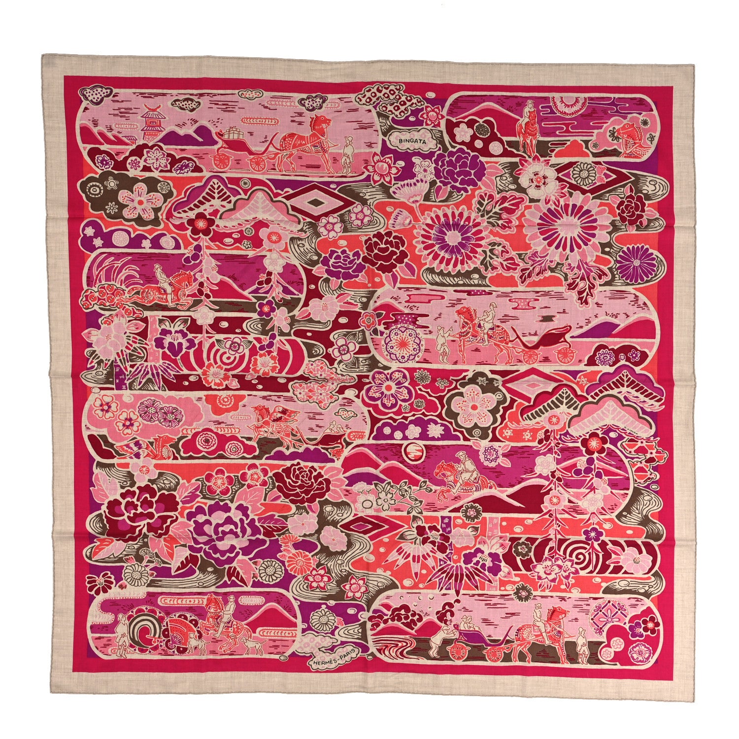 Hermes Cashmere Silk Bingata Shawl 140 Naturel Fuchsia Rose Poudre 1 of 4