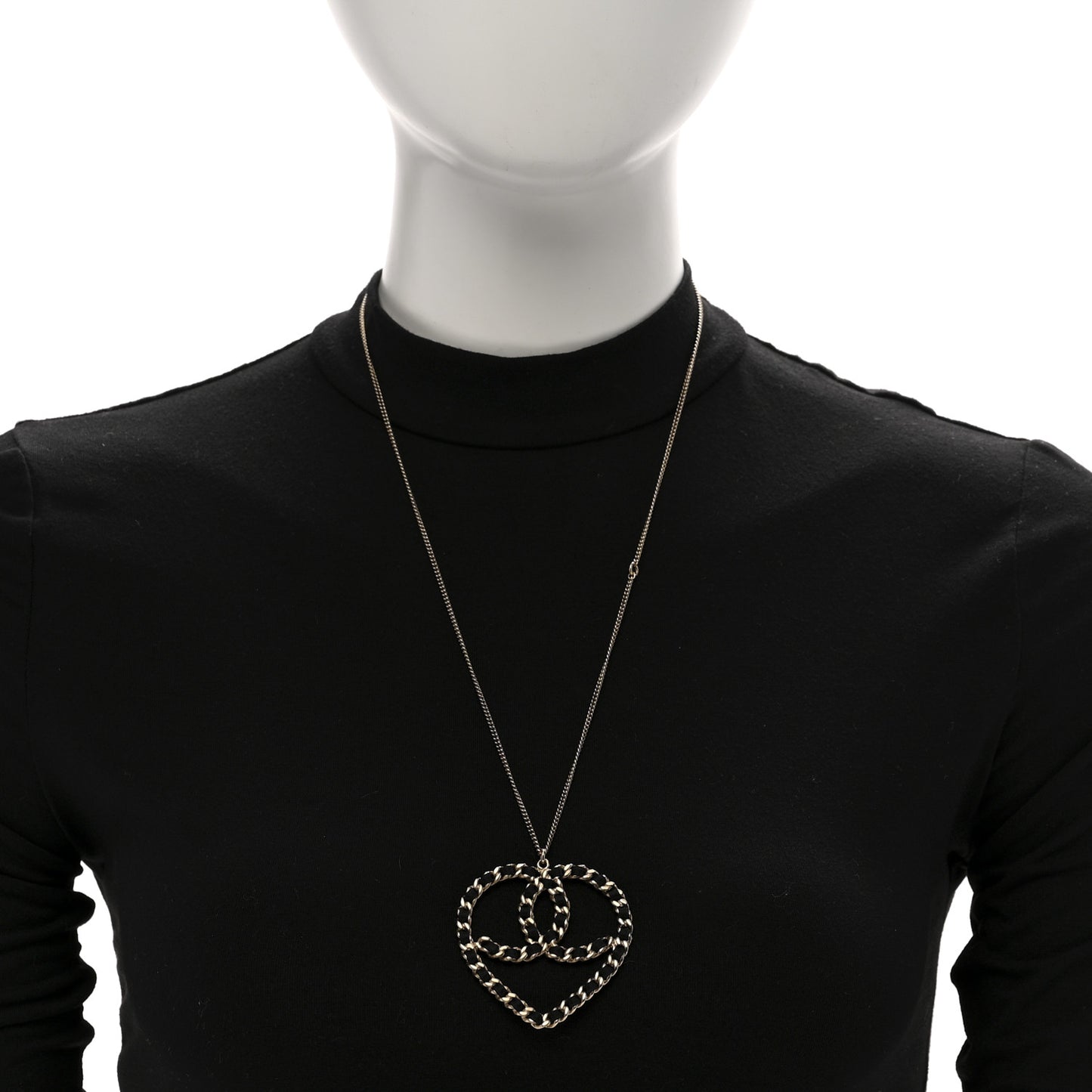 Satin Metal Chain CC Heart Necklace Black Gold