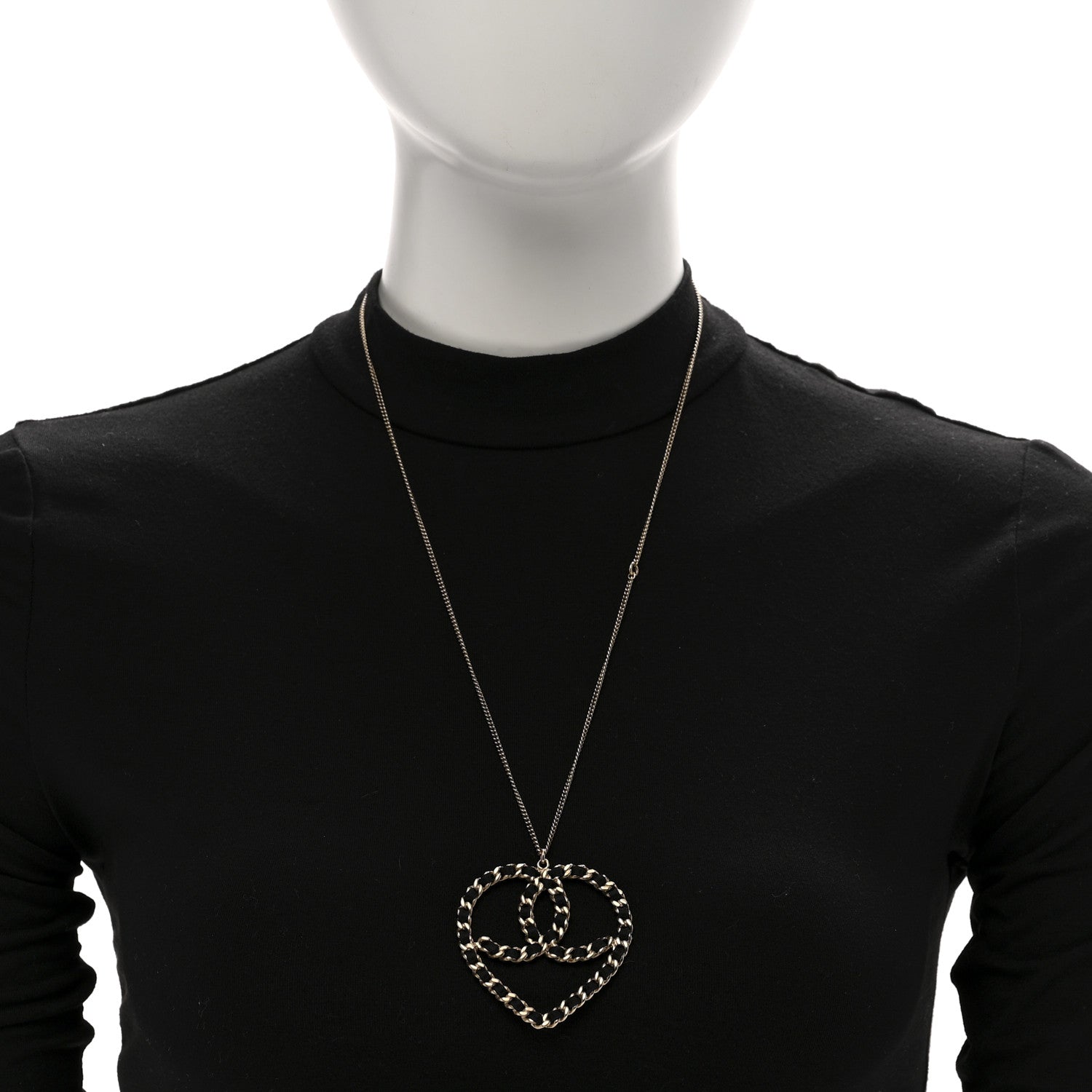 Chanel Satin Metal Chain CC Heart Necklace Black Gold 2 of 6