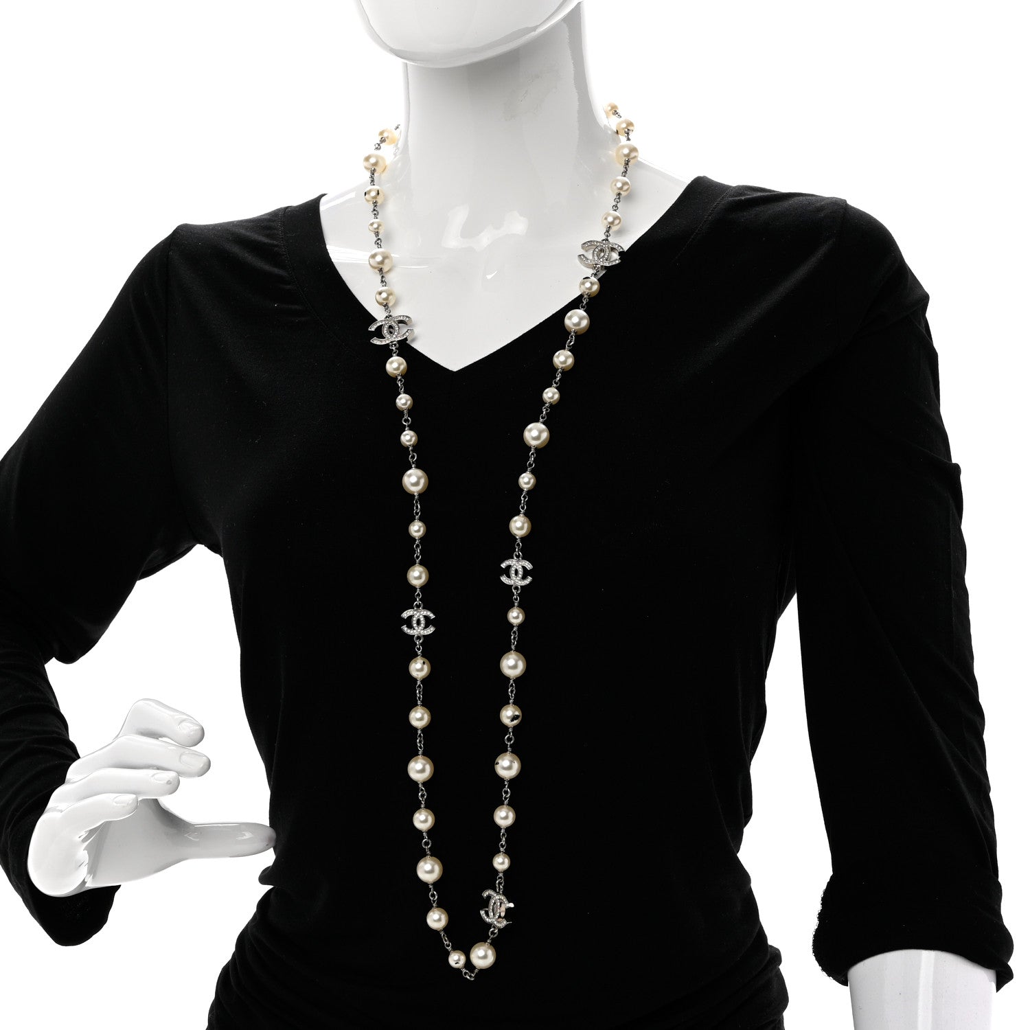 Chanel Graduated Pearl Crystal CC Long Necklace Silver 2 of 8
