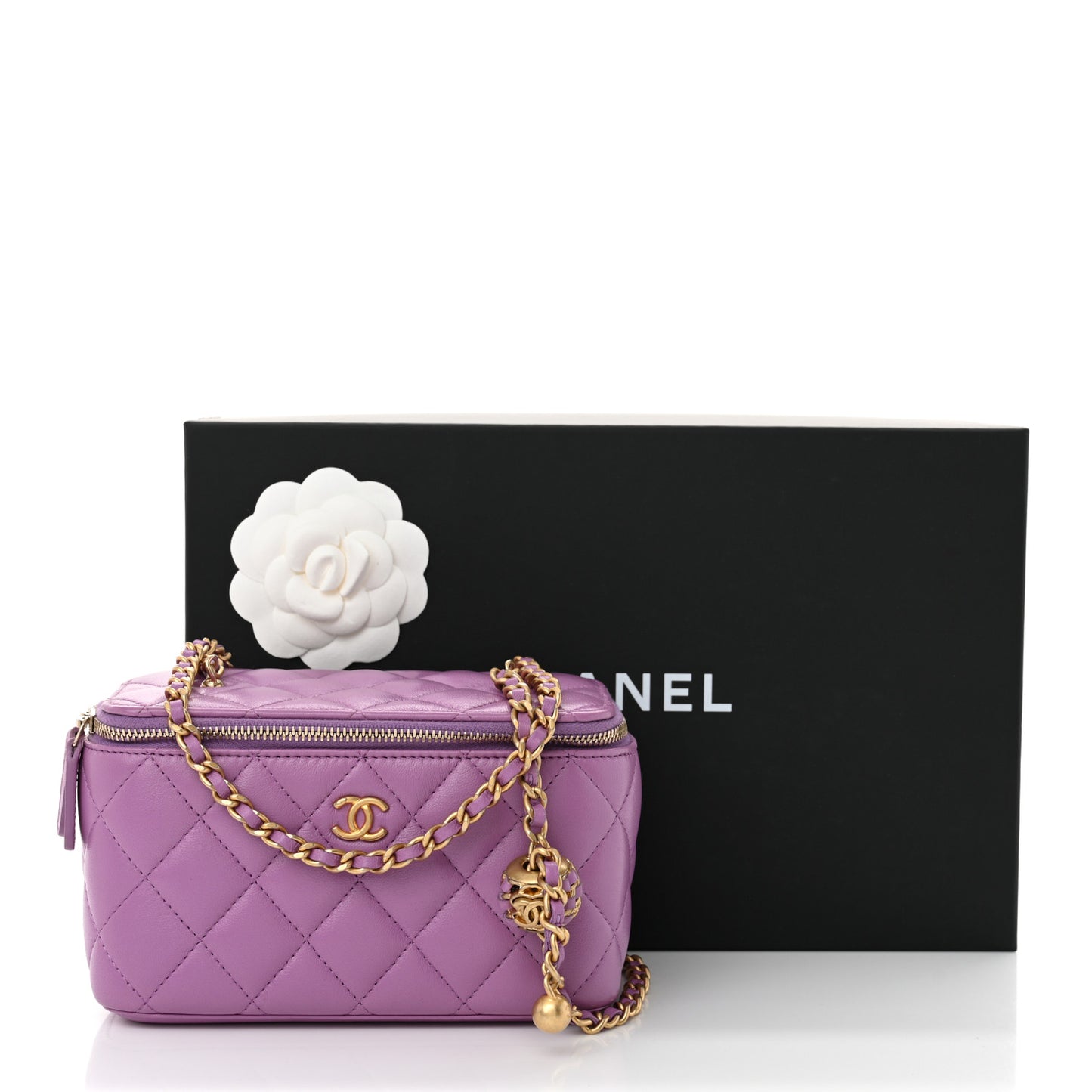 Lambskin Quilted Pearl Crush Small Vanity Case With Chain Purple