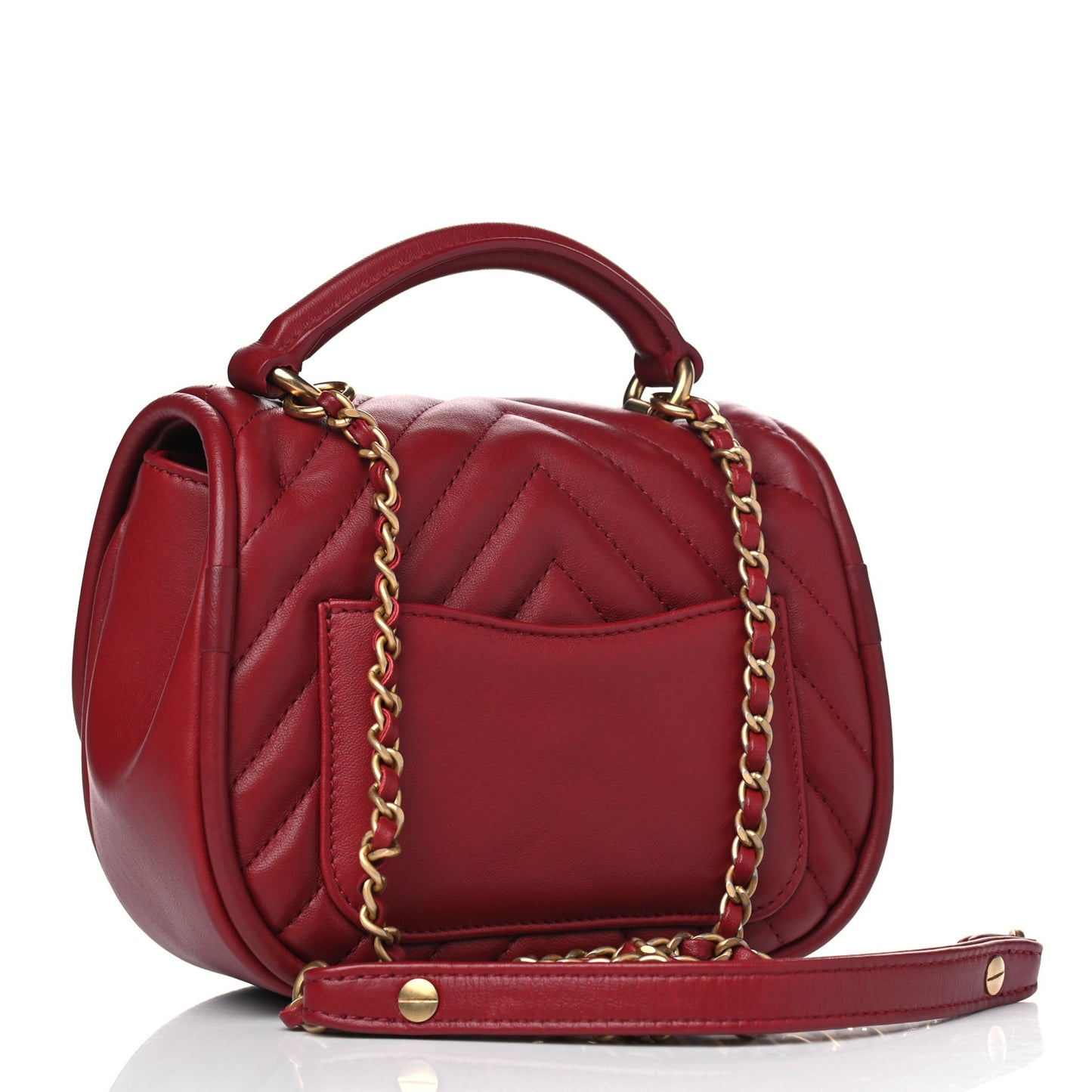 Lambskin Reverse Chevron Quilted Mini Round Top Handle Flap Red