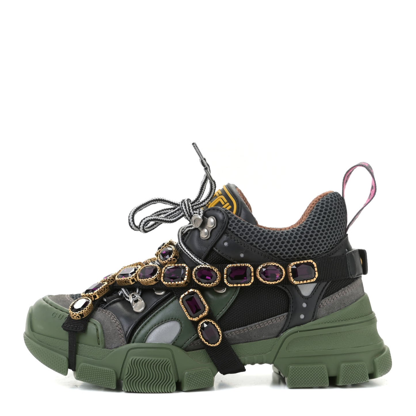 X SEGA Mesh Suede Calfskin Removable Crystals Flashtrek Sneakers 36 Loess Black Olive Green