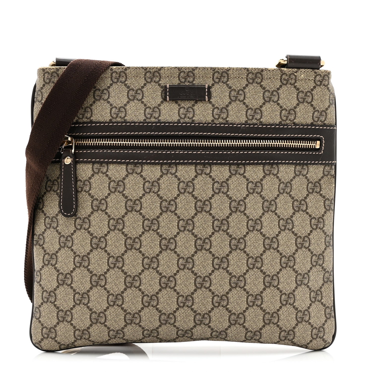 Gucci GG Supreme Monogram Selleria Calfskin Small Flat Side Zip Messenger Bag Beige Ebony Cocoa Dark Chocolate 1 of 12