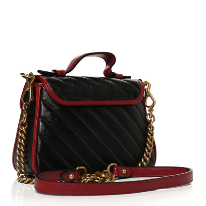Gucci Vintage Effect Calfskin Matelasse Diagonal Mini Torchon GG Marmont Top Handle Shoulder Bag Black Romantic Cherry 3 of 13