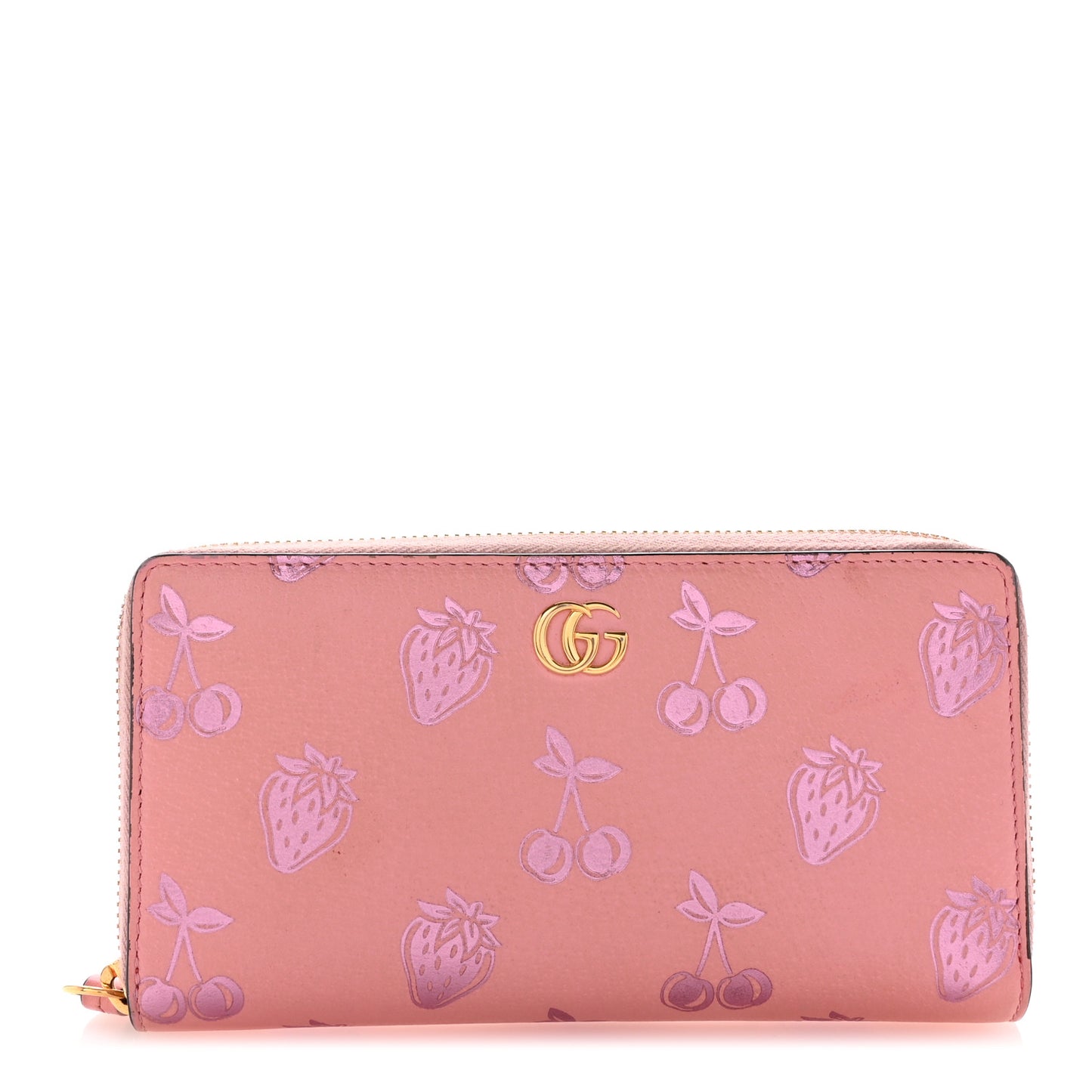 Textured Dollar Calfskin Berry Print GG Marmont Zip Around Wallet Pink Purple