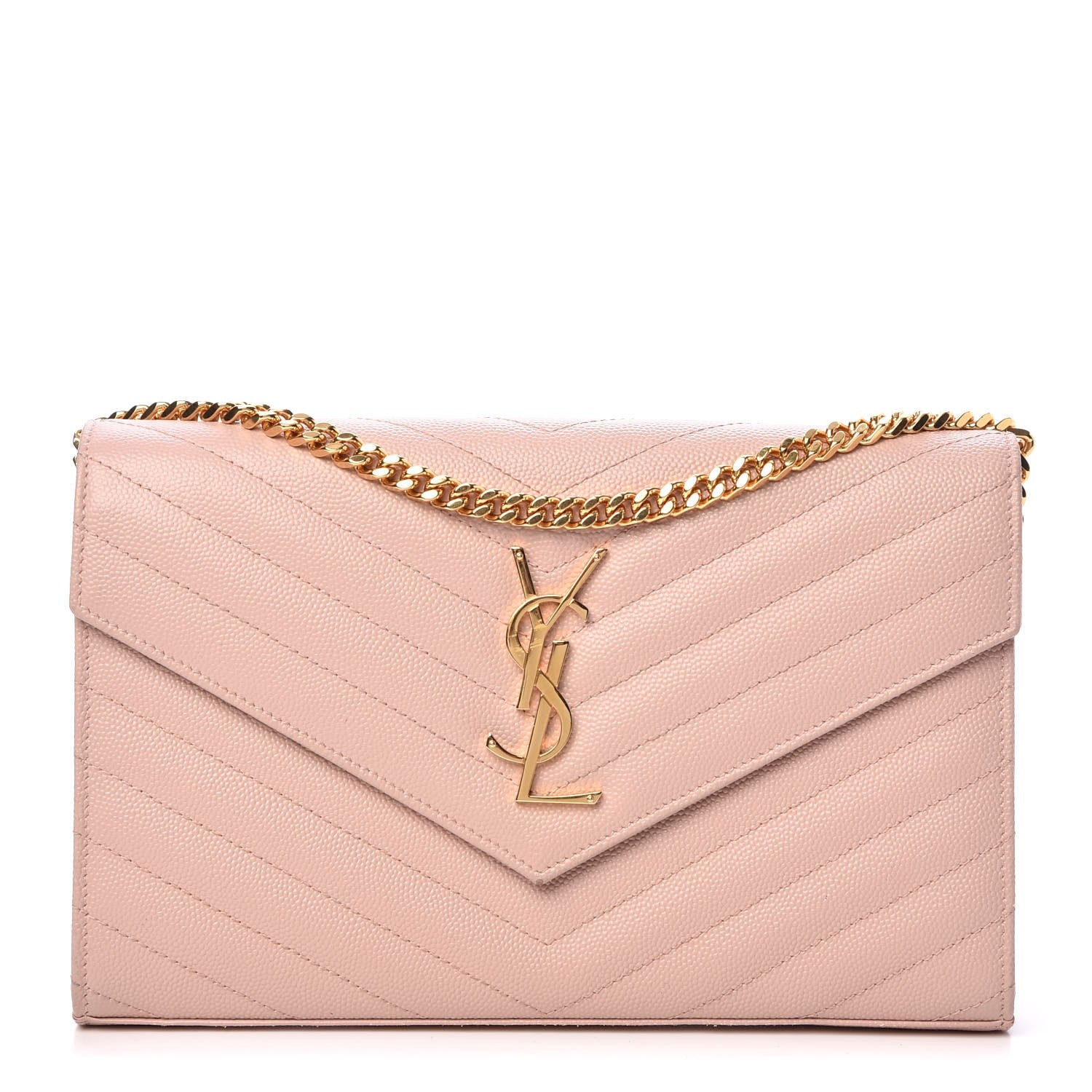 Saint Laurent Grain De Poudre Matelasse Chevron Monogram Chain Wallet Pale Pink 1 of 9