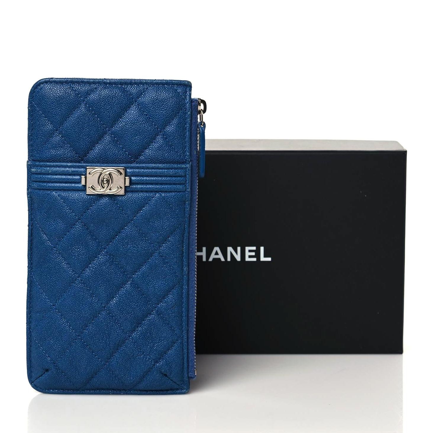 Chanel Caviar Quilted Boy Flat Wallet Pouch Blue 3 of 11