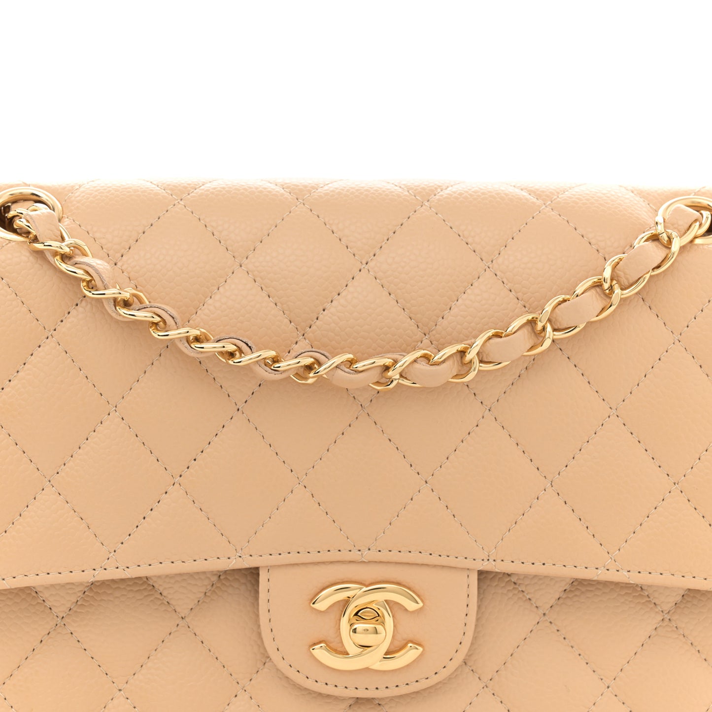 Caviar Quilted Medium Double Flap Beige