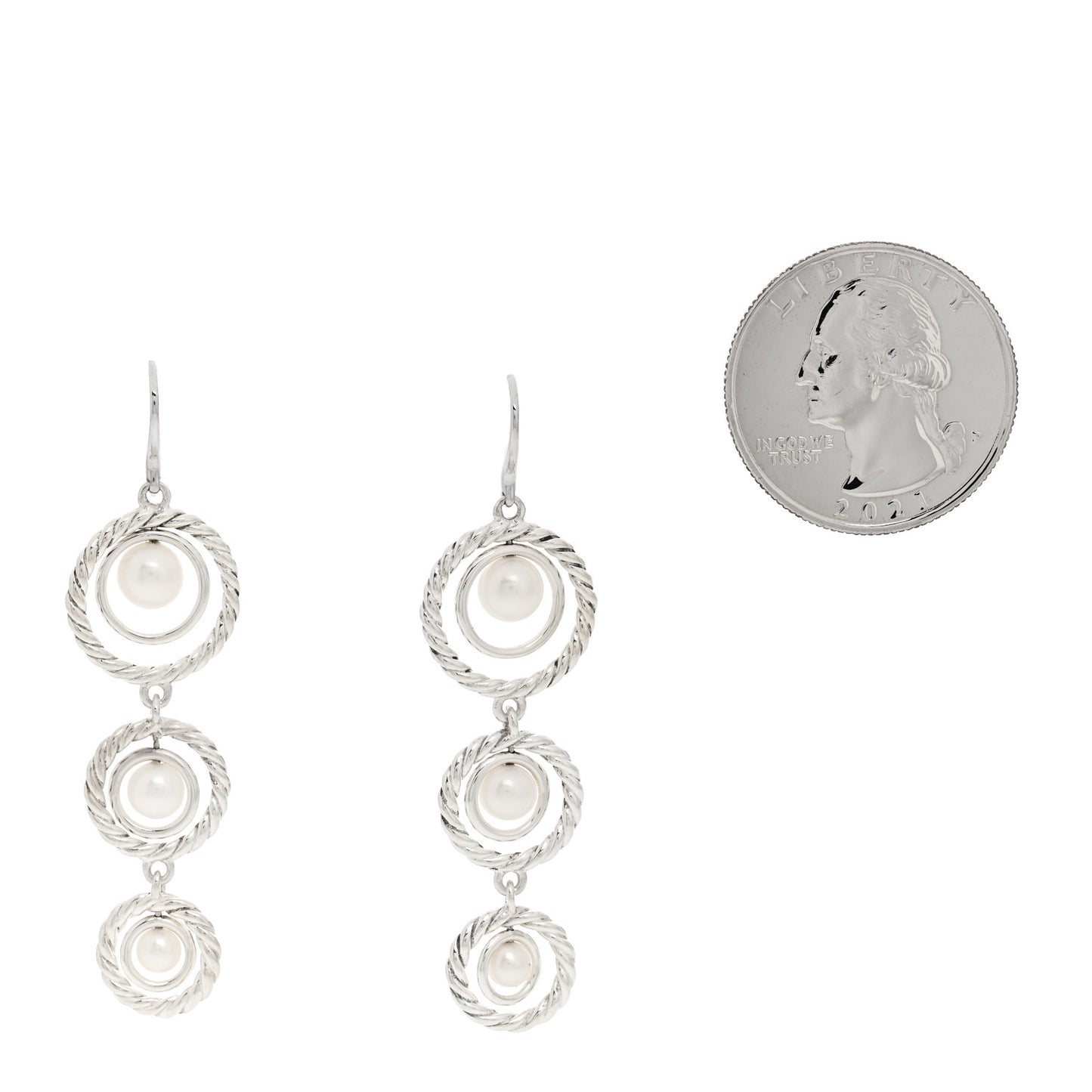 Sterling Silver Cultured Pearl Cable Triple Drop Earrings