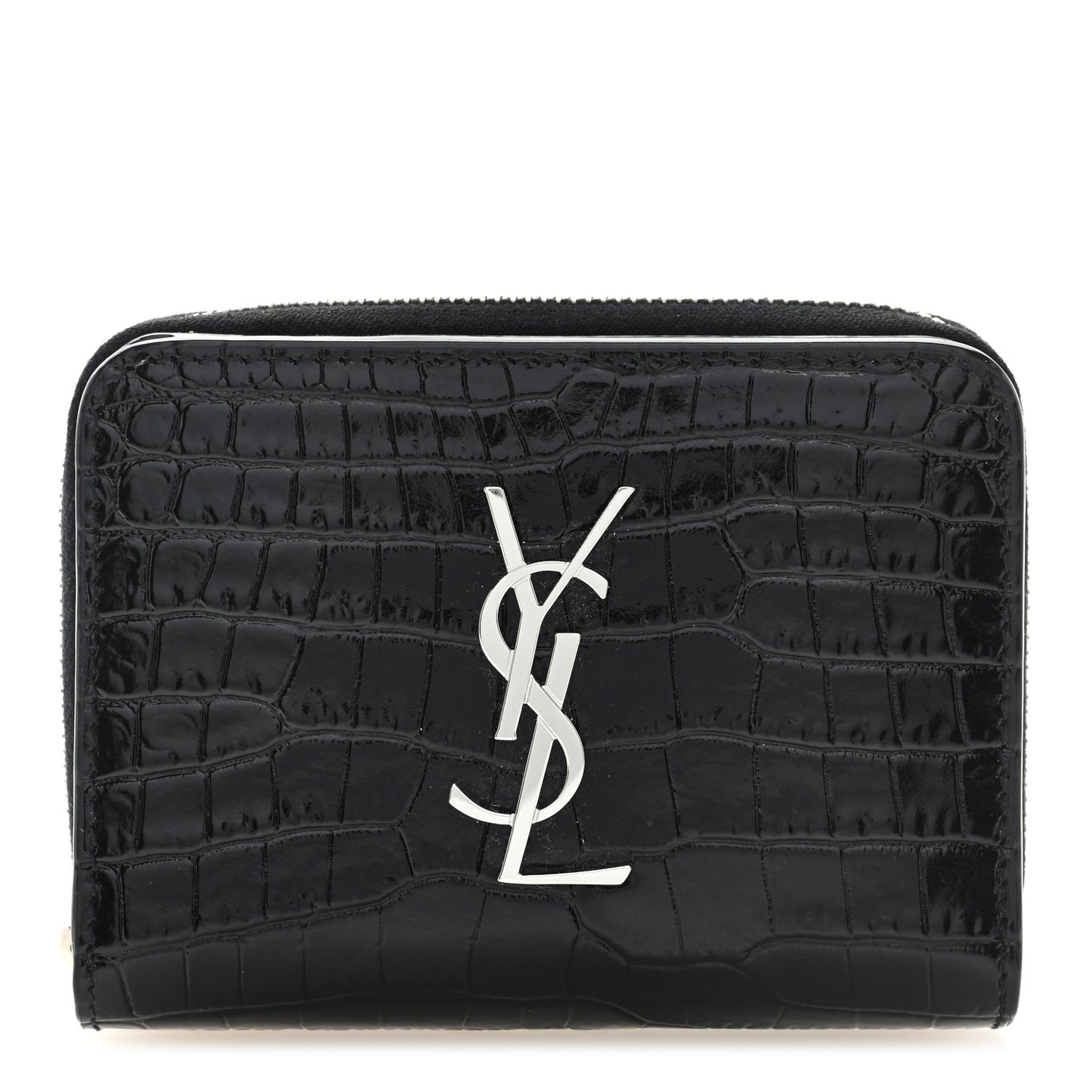 Calfskin Crocodile Embossed Monogram Compact Wallet Black