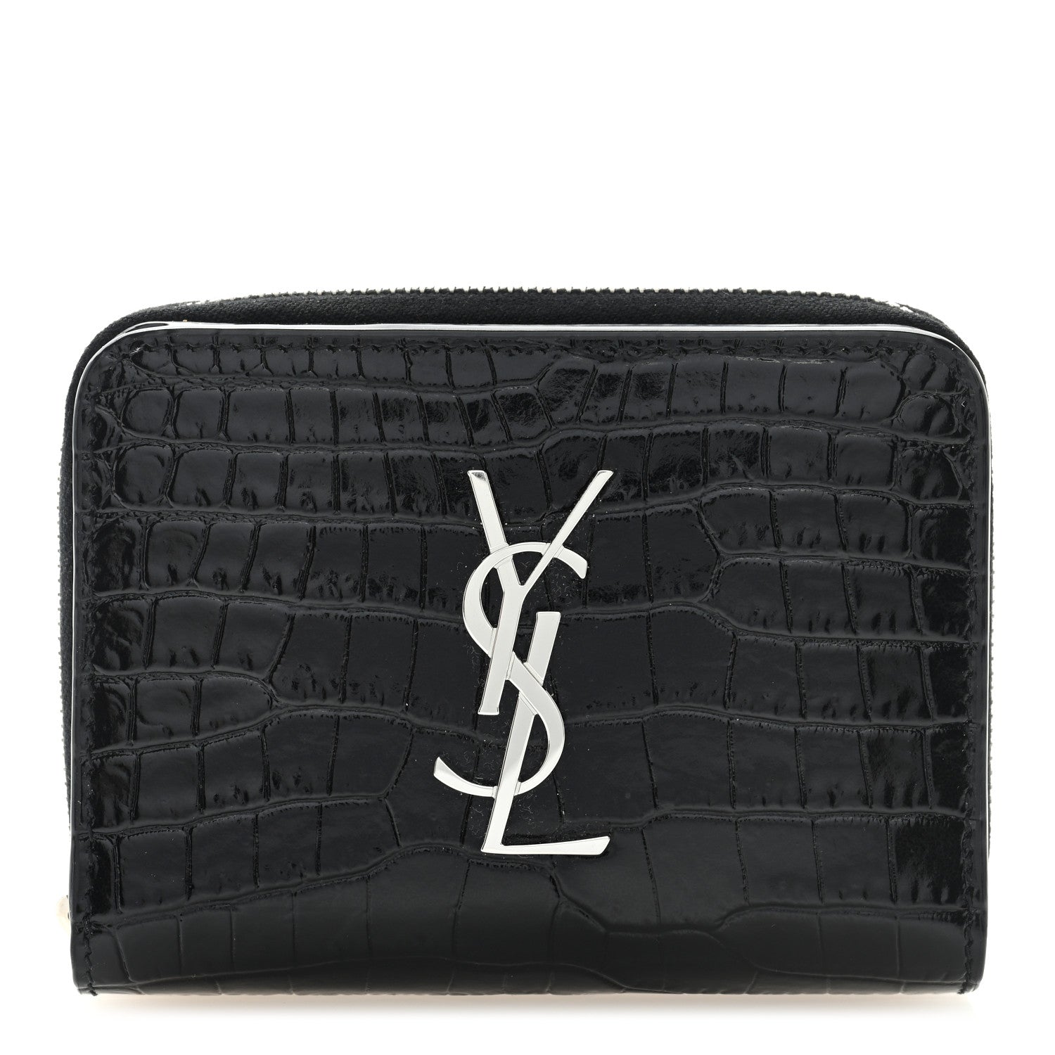 Saint Laurent Calfskin Crocodile Embossed Monogram Compact Wallet Black 1 of 6