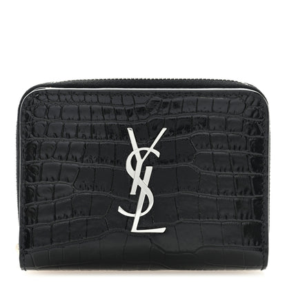 Saint Laurent Calfskin Crocodile Embossed Monogram Compact Wallet Black 1 of 6