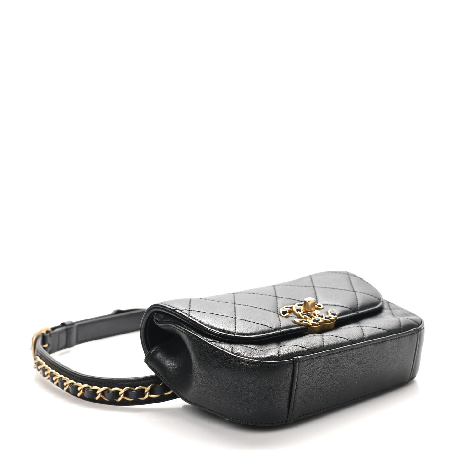 Lambskin Quilted Chain Infinity Waist Belt Bag Black