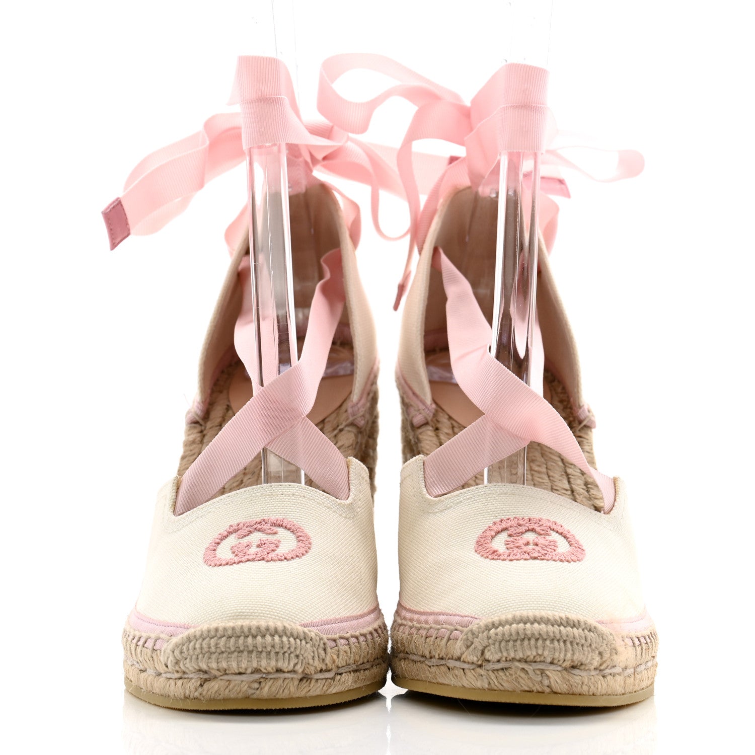 Gucci Canvas Grossgrain Embroidered Judit Ankle Wrap Platform 35/120mm Espadrille Wedges 37.5 White Shell 2 of 8
