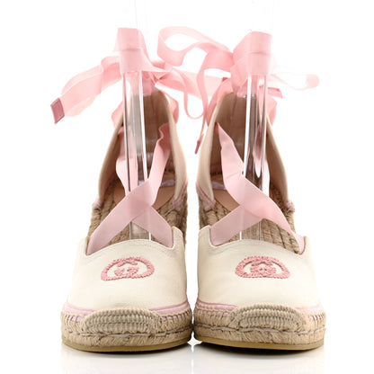 Gucci Canvas Grossgrain Embroidered Judit Ankle Wrap Platform 35/120mm Espadrille Wedges 37.5 White Shell 2 of 8