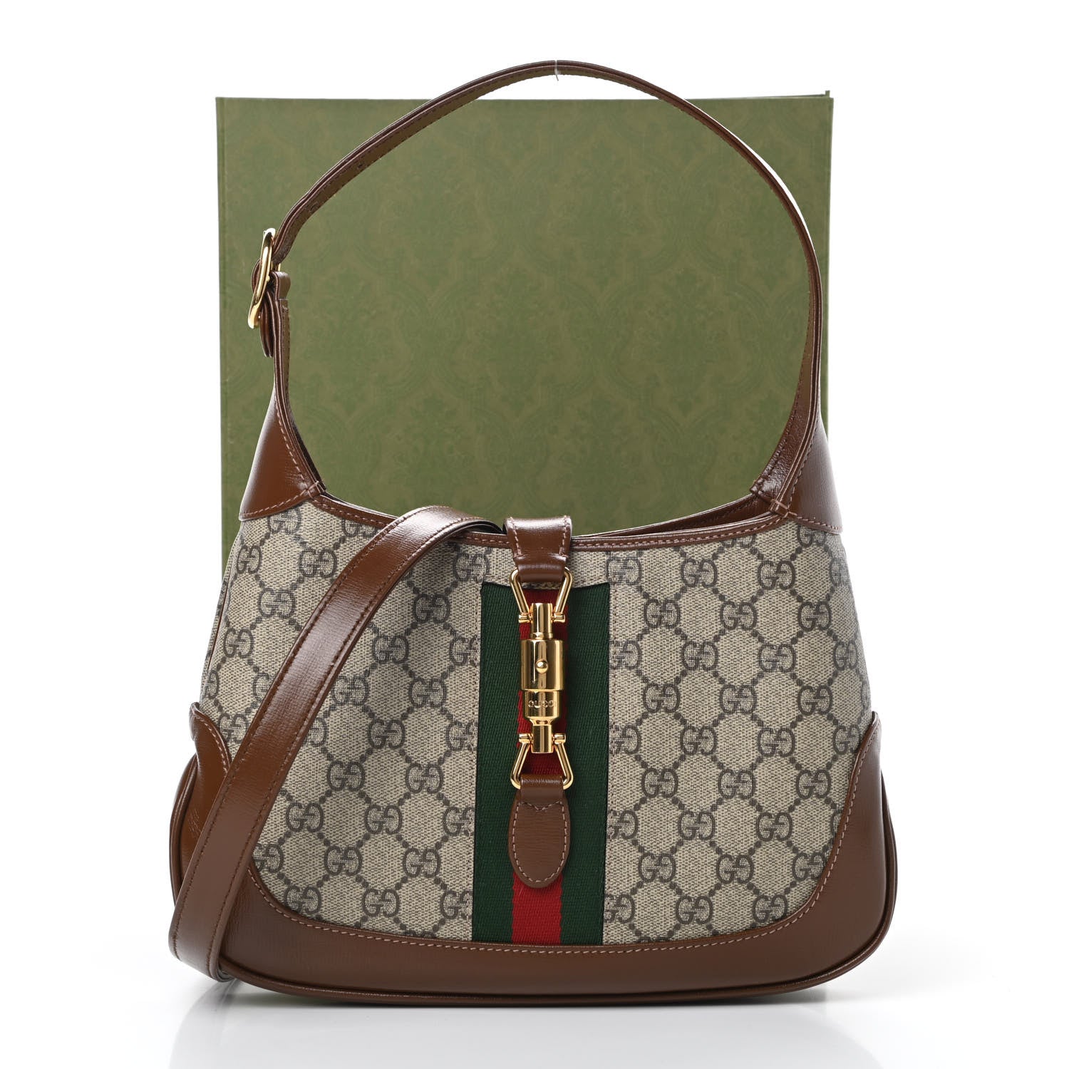 Gucci GG Supreme Monogram Azalea Calfskin Web Small Jackie 1961 Hobo Beige Ebony Brown Sugar 12 of 12