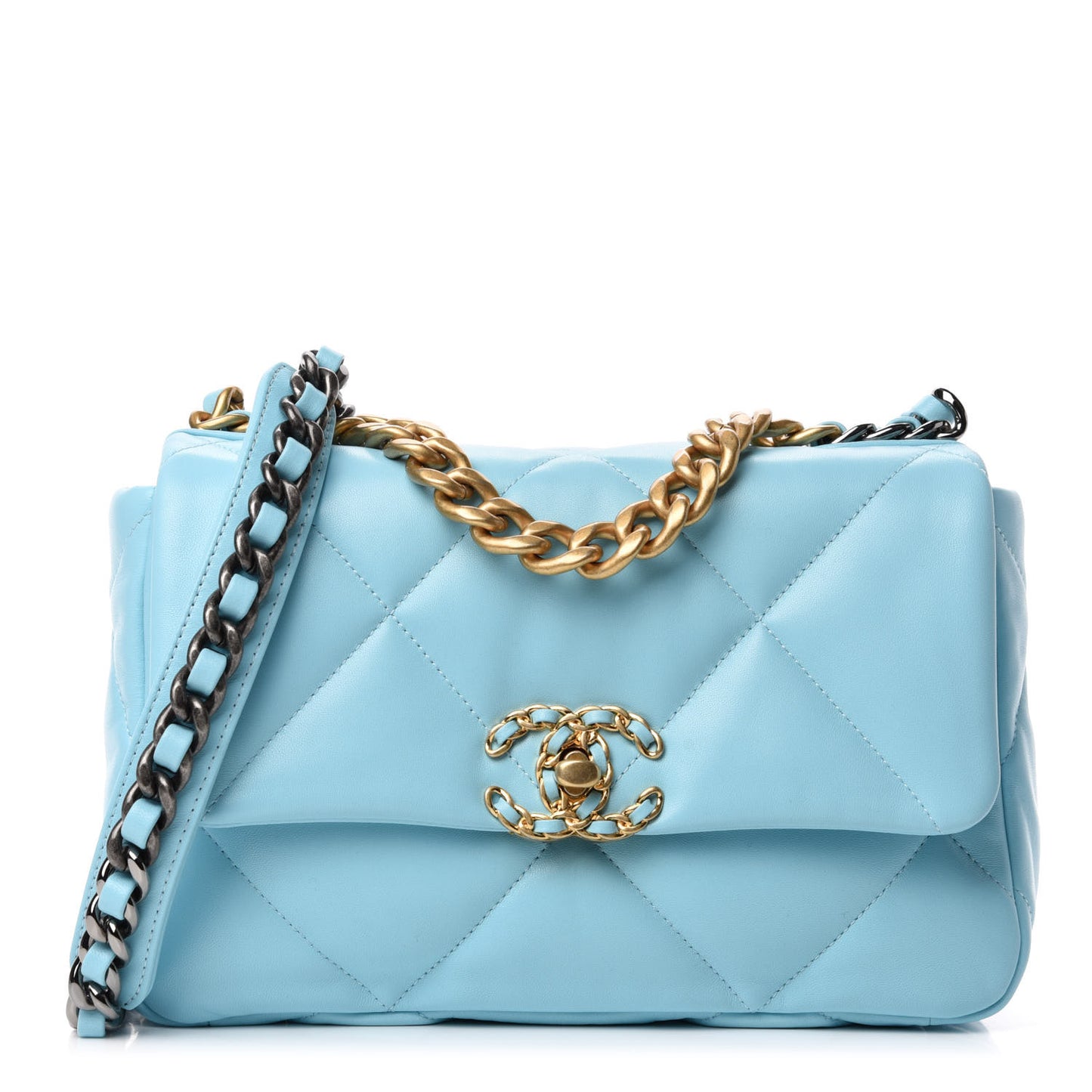 Shiny Lambskin Quilted Medium Chanel 19 Flap Light Blue
