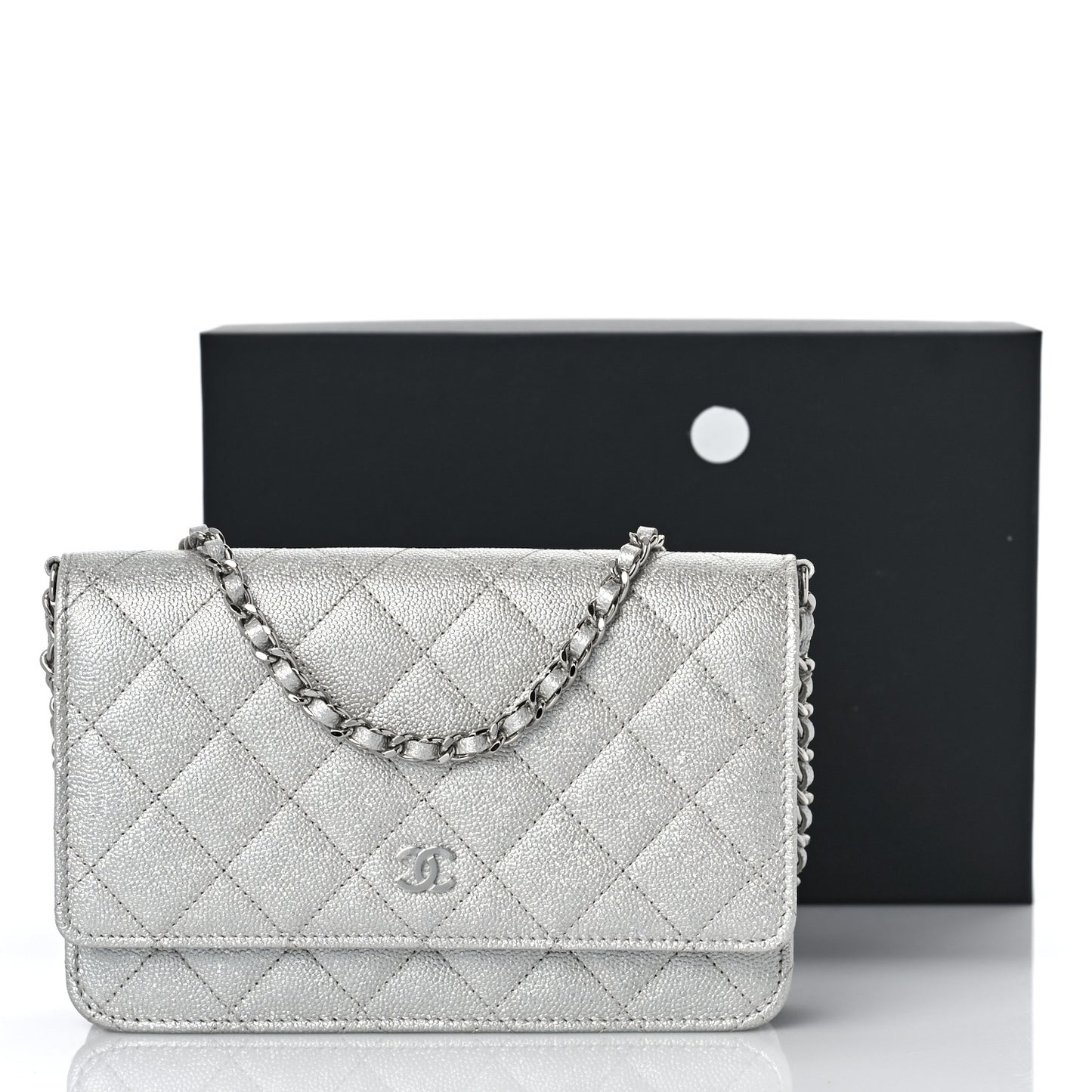 Metallic Caviar Quilted Wallet on Chain WOC Silver