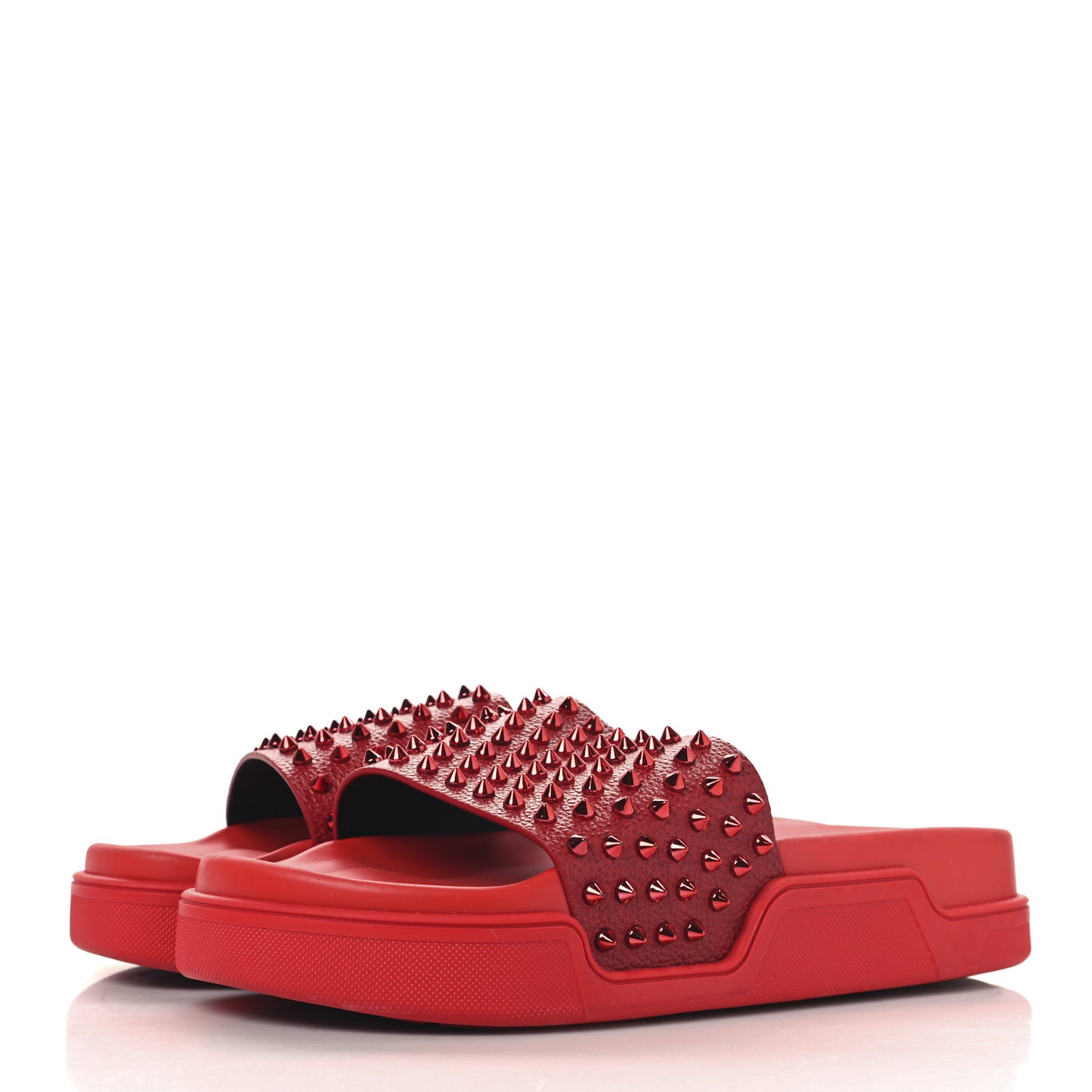 LOUBOUTIN Calfskin Spiked Crocodile Embossed Rubber Pool Fun Platform Flat Slide Sandals 44 Red
