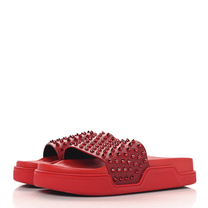 Christian Louboutin LOUBOUTIN Calfskin Spiked Crocodile Embossed Rubber Pool Fun Platform Flat Slide Sandals 44 Red 4 of 10
