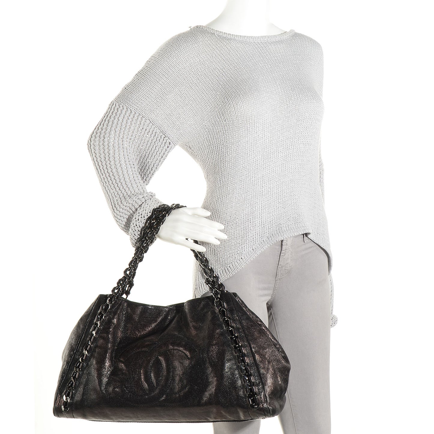 Glazed Caviar East West Modern Chain Tote Black