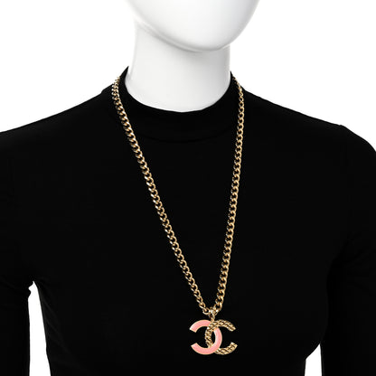 Chanel Metal Enamel Quilted CC Chain Necklace Pendant Gold Pink 2 of 6