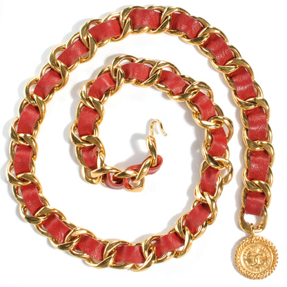 Chanel Leather Gold Chain Link Medallion Belt Red 1 of 5