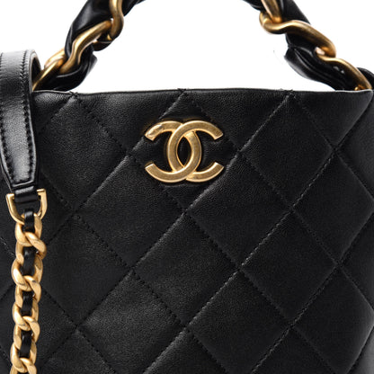 Chanel Shiny Lambskin Quilted Small Chain Is More Drawstring Bag Black 11 of 11