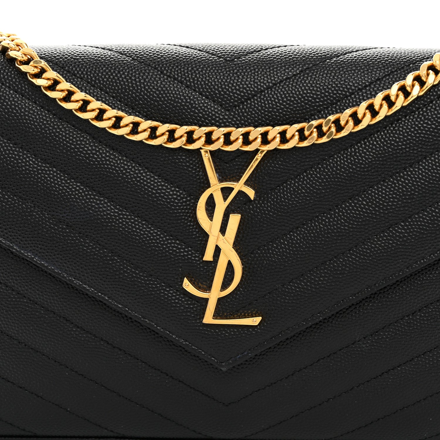 Saint Laurent Grain De Poudre Matelasse Chevron Monogram Chain Wallet Black 7 of 9
