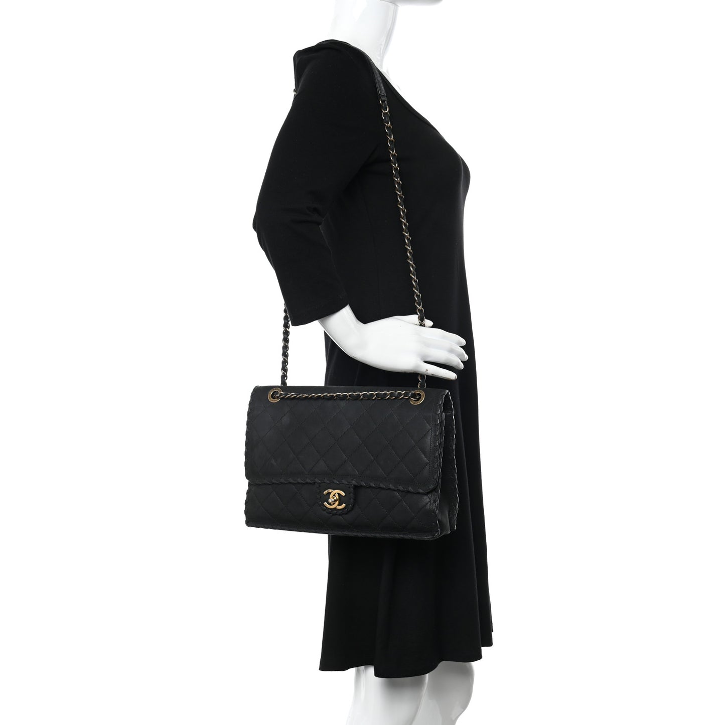 Suede Calfskin Jumbo Happy Stitch Flap Black
