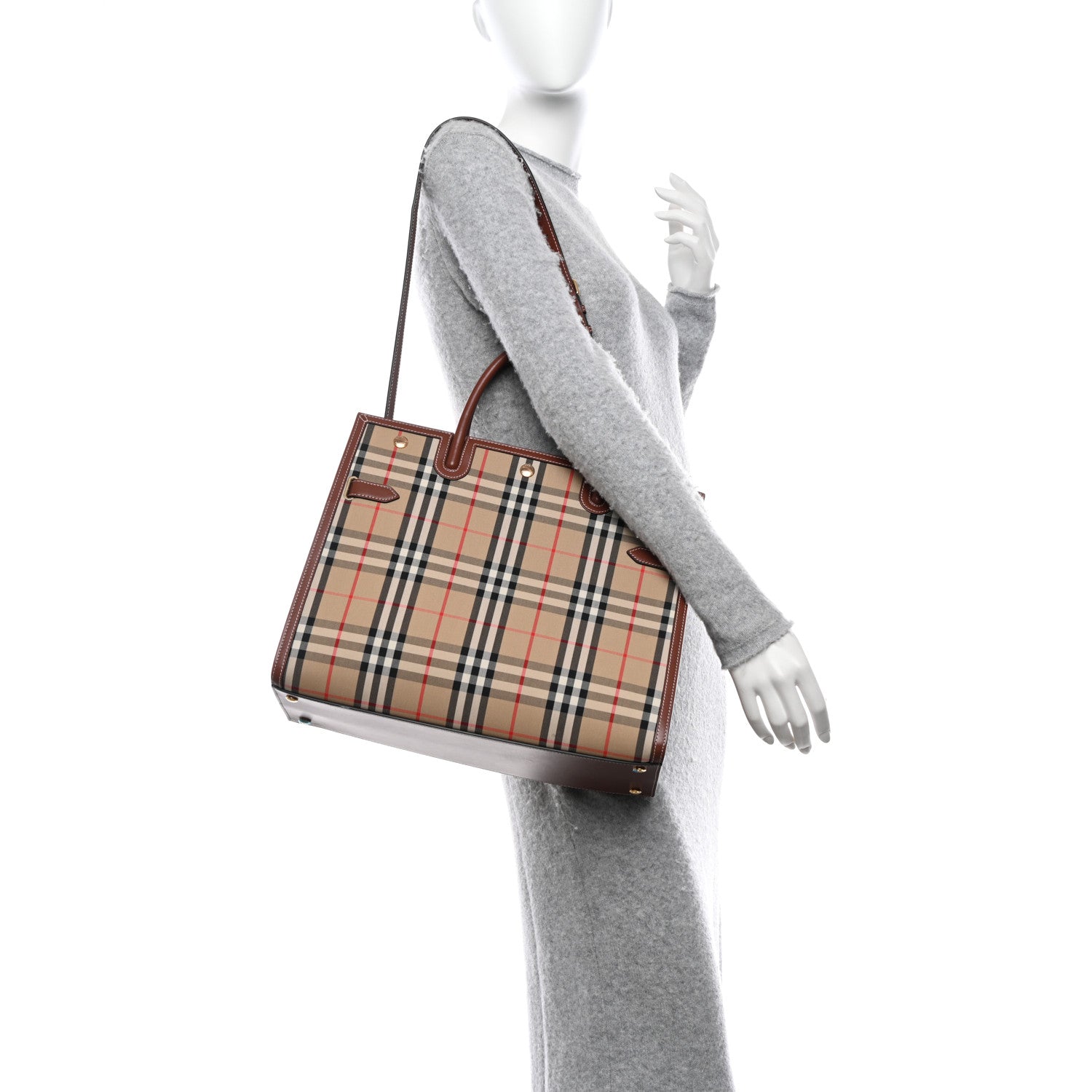 Burberry Calfskin Vintage Check Two Handle Title Bag Archive Beige 2 of 9
